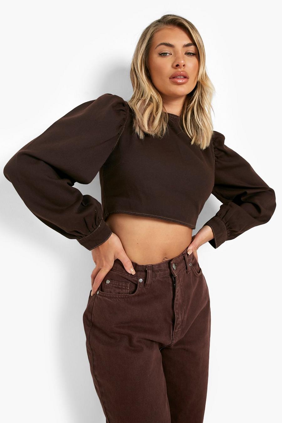 Chocolate Contrast Stitch Lace Up Back Denim Top image number 1