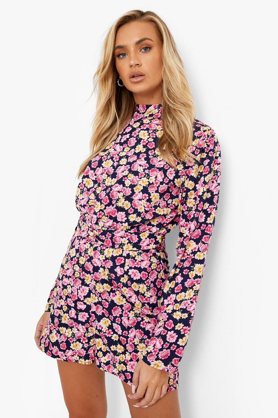 Pink Floral High Neck Puff Sleeve Playsuit image number 1