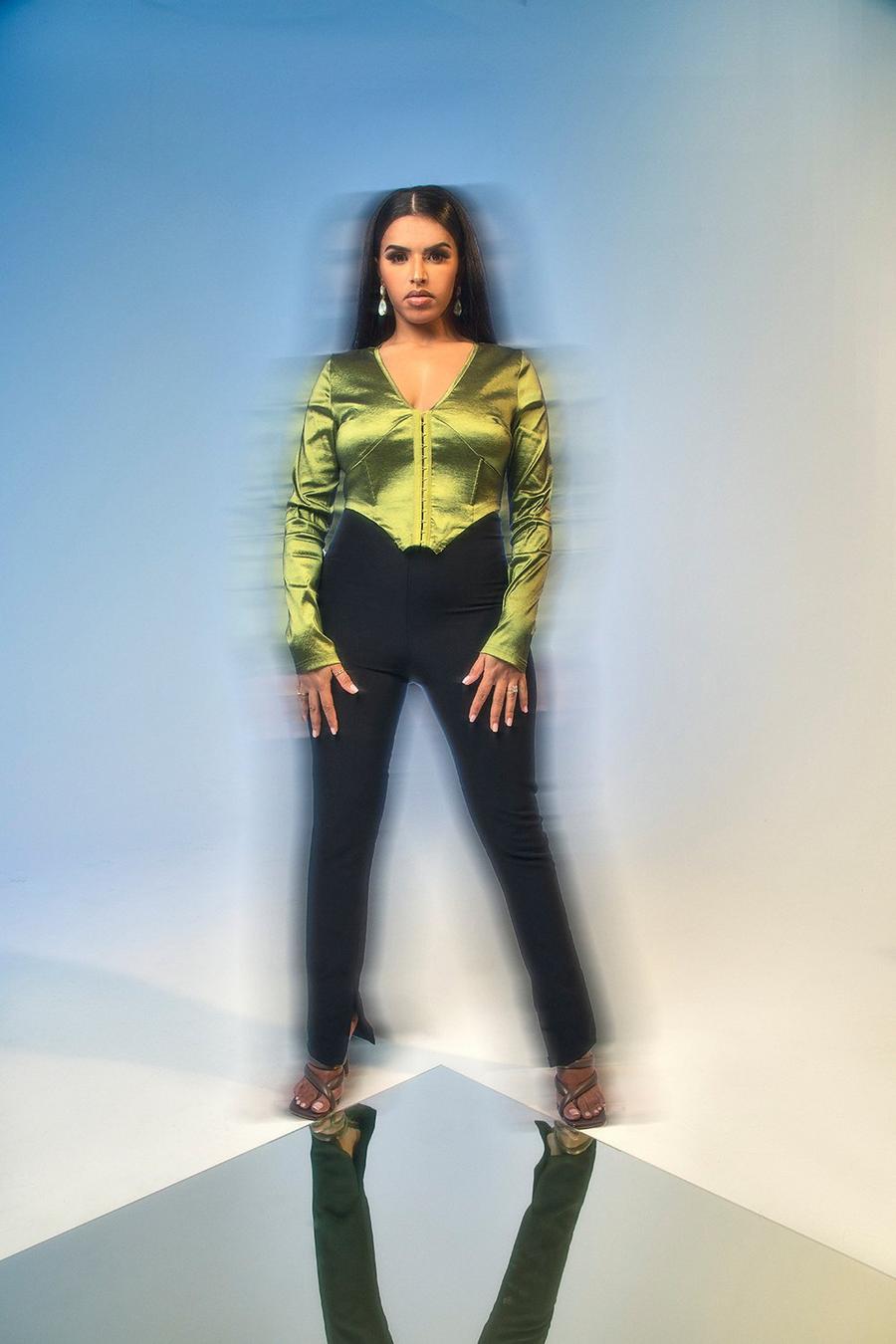 Olive Corset Style Long Sleeve Top image number 1