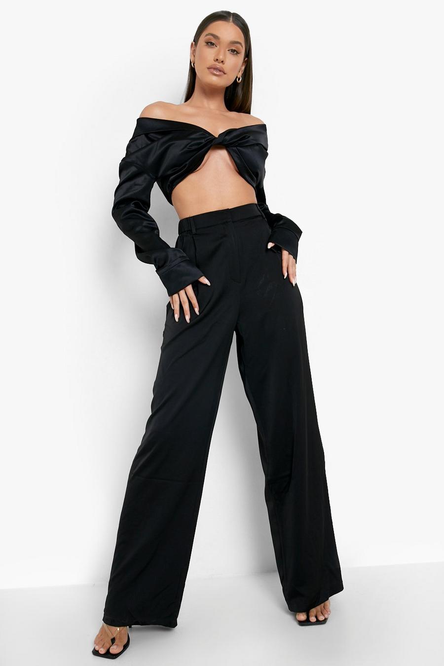 Black Satin Relaxed Wide Leg Pants image number 1