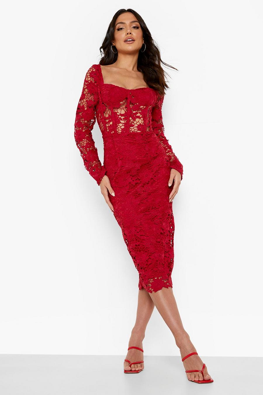 Berry Lace Long Sleeve Cup Detail Midi Dress image number 1
