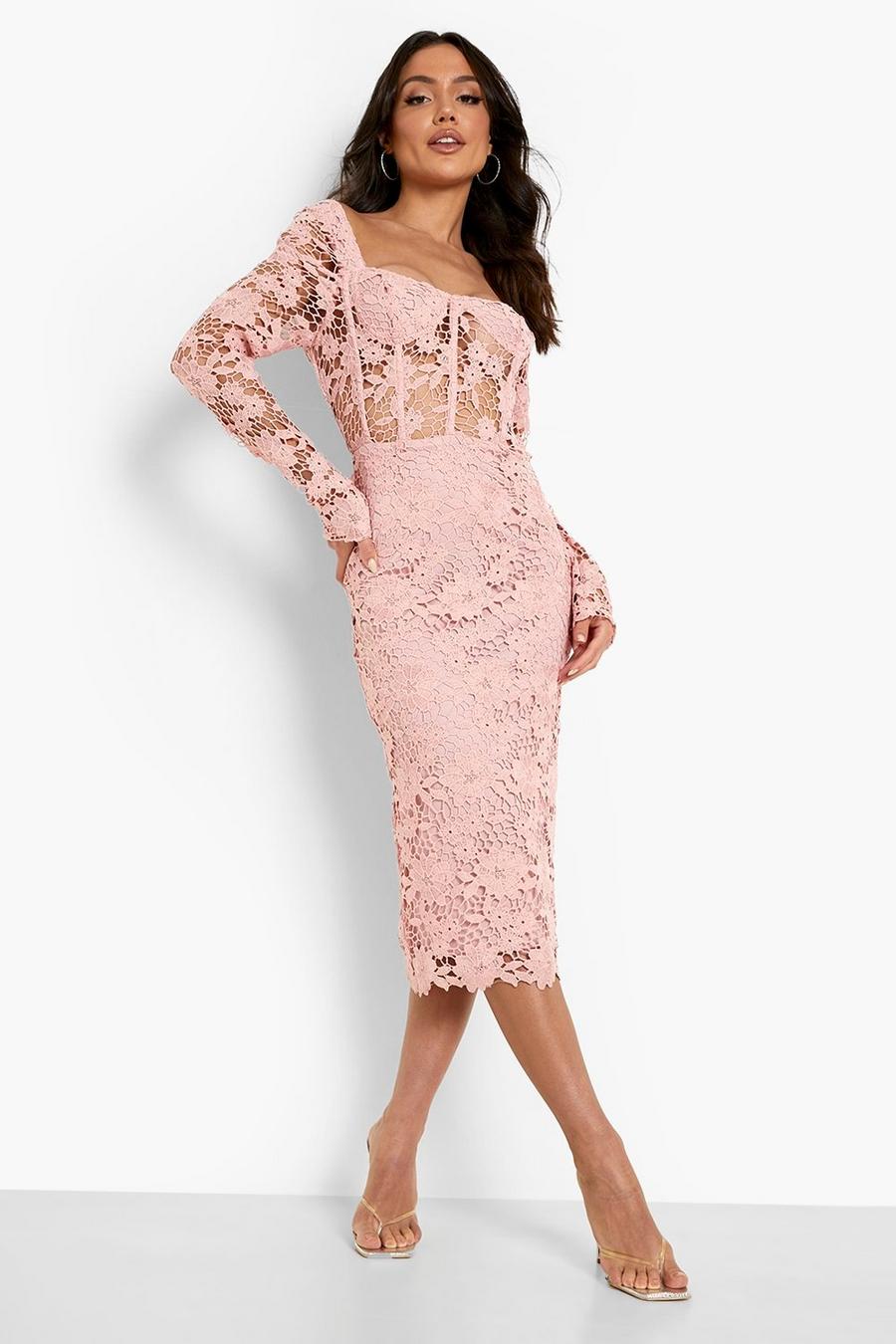 Blush Lace Long Sleeve Cup Detail Midi Dress image number 1
