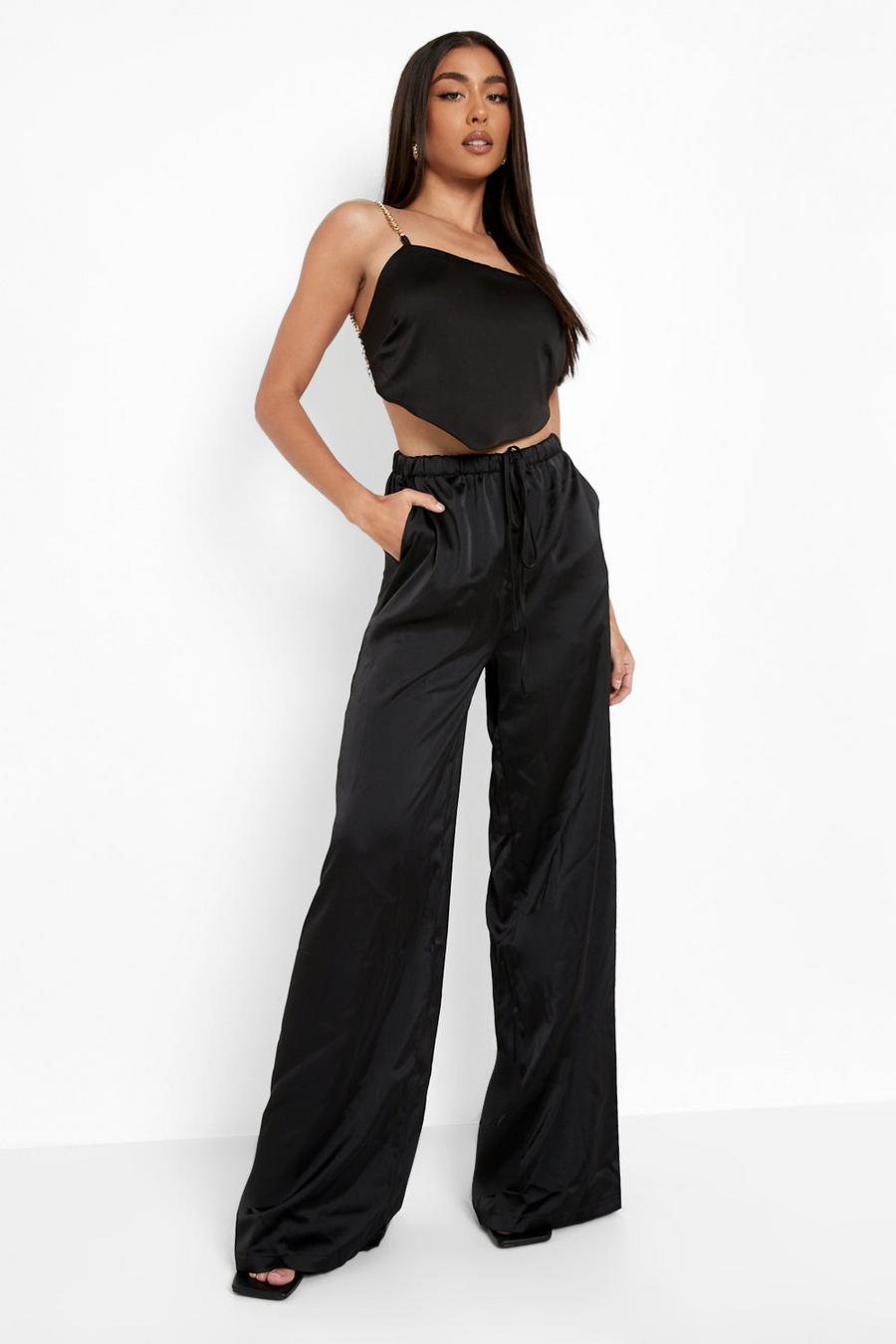 Black Satin Relaxed Wide Leg Pants image number 1