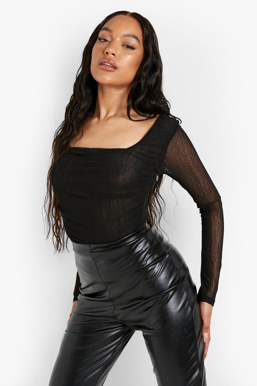 שחור בגד גוף מבד רשת עם שרוולים ארוכים וכיווצים image number 1