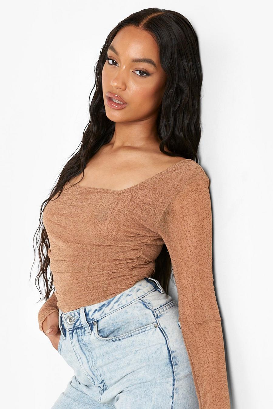 Mocha Mesh Long Sleeve Ruched Bodysuit image number 1