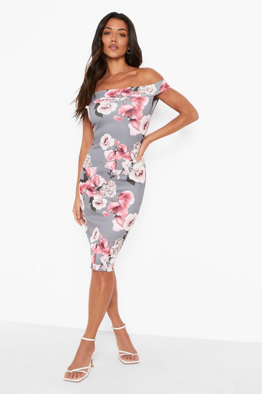 Grey Off The Shoulder Floral Midi Dress image number 1