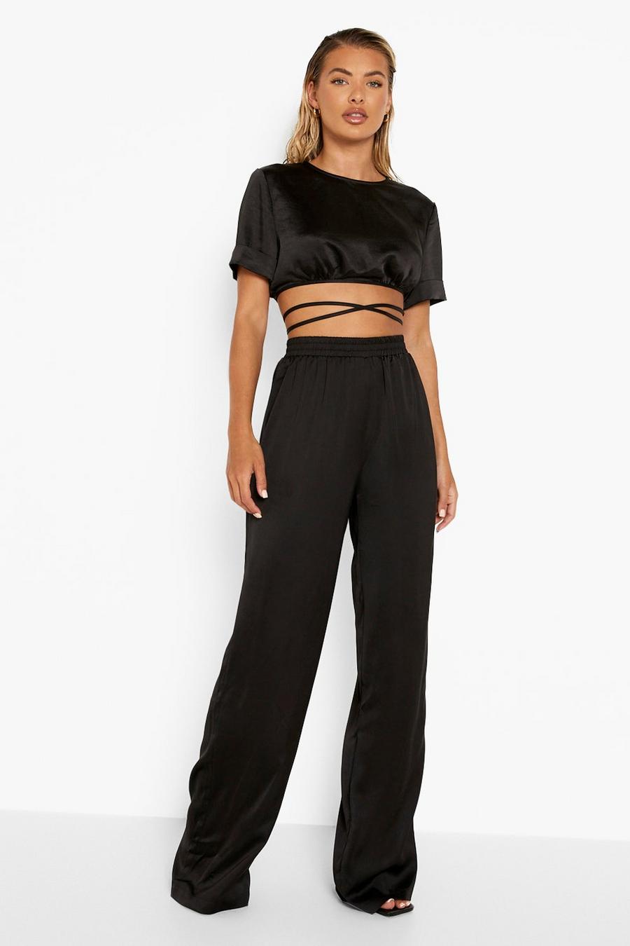 Black Satin Luxe Wide Leg Track Pants image number 1