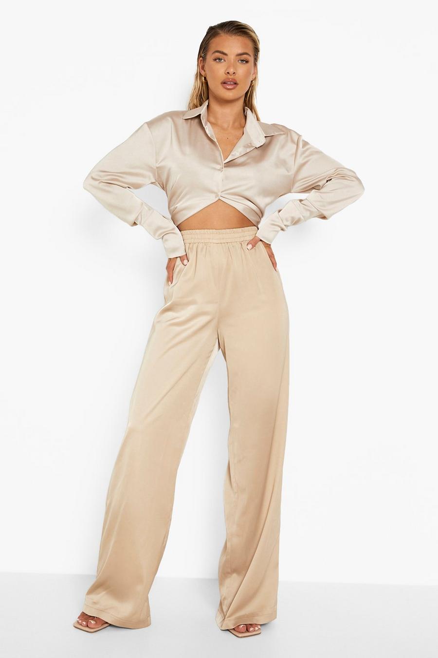 Sand Satin Luxe Wide Leg Joggers image number 1
