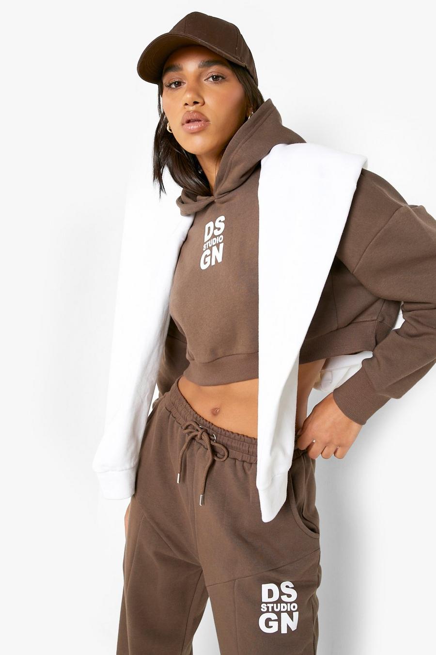 Chocolate Seam Detail Crop Hooded Tracksuit image number 1
