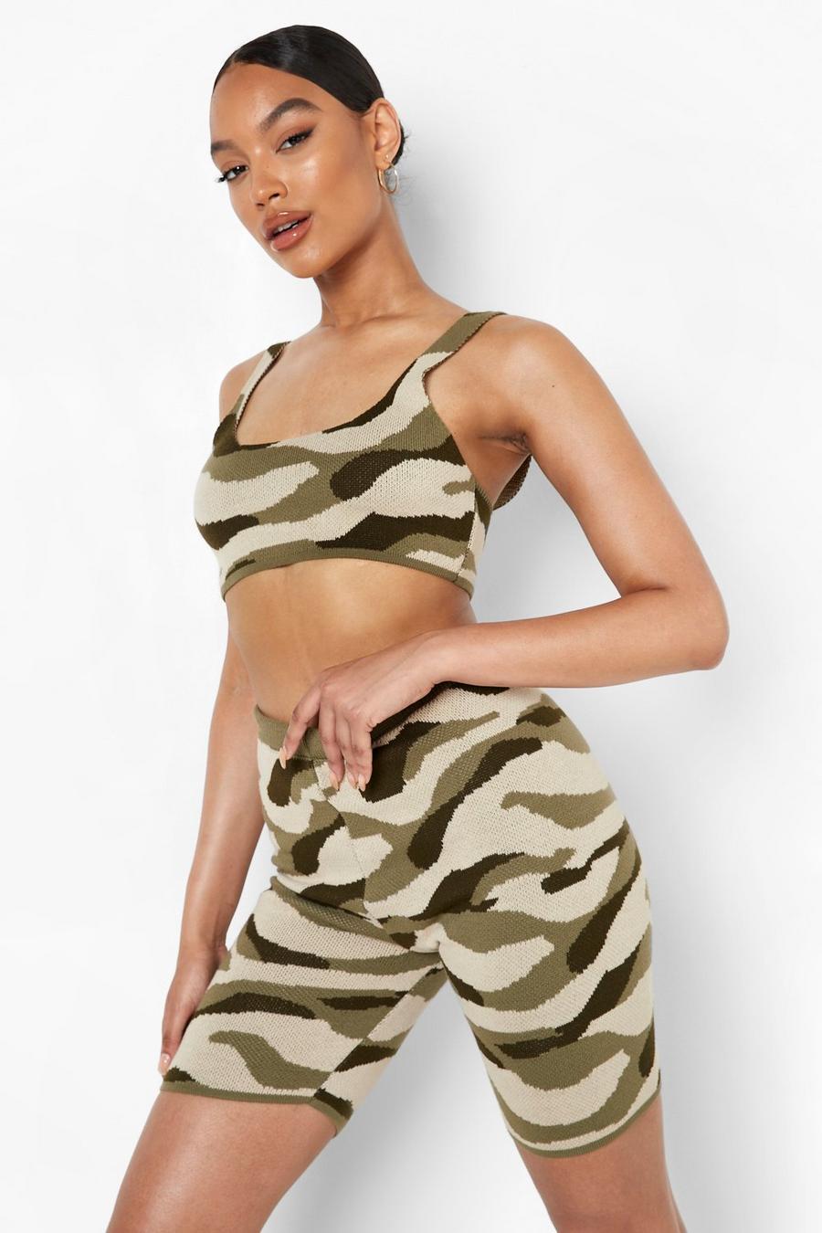 Khaki Camo Print Knitted Bralet And Shorts Set image number 1