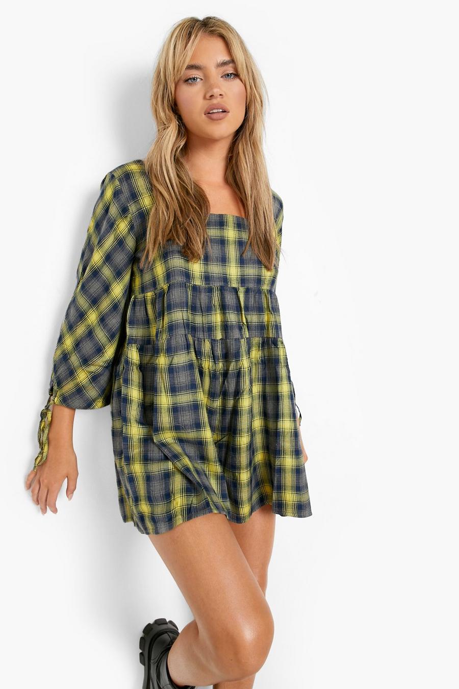 Mustard Check Puff Sleeve Smock Playsuit image number 1
