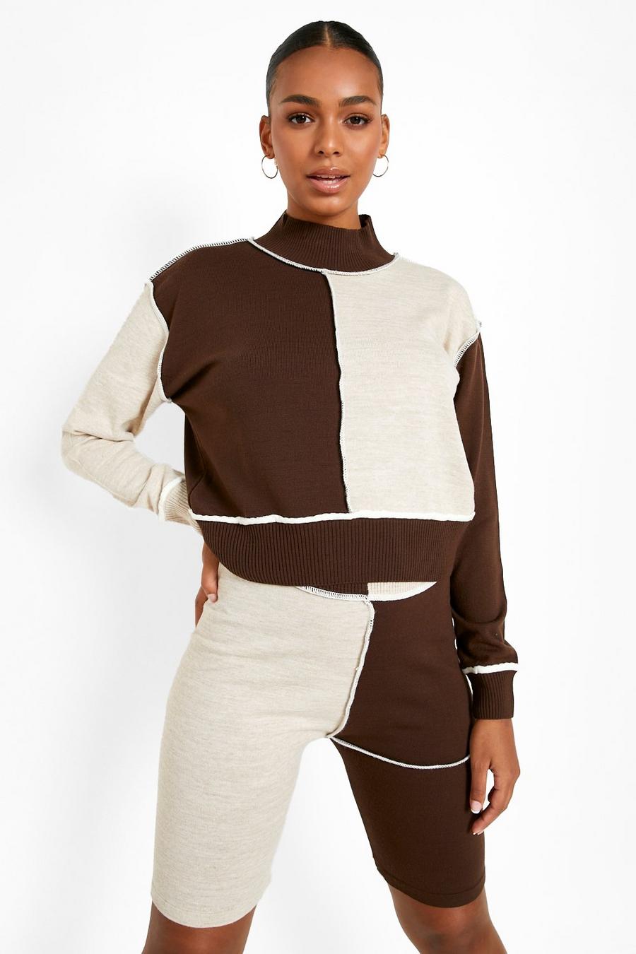 Chocolate Exposed Seam Knitted Shorts Co ord image number 1
