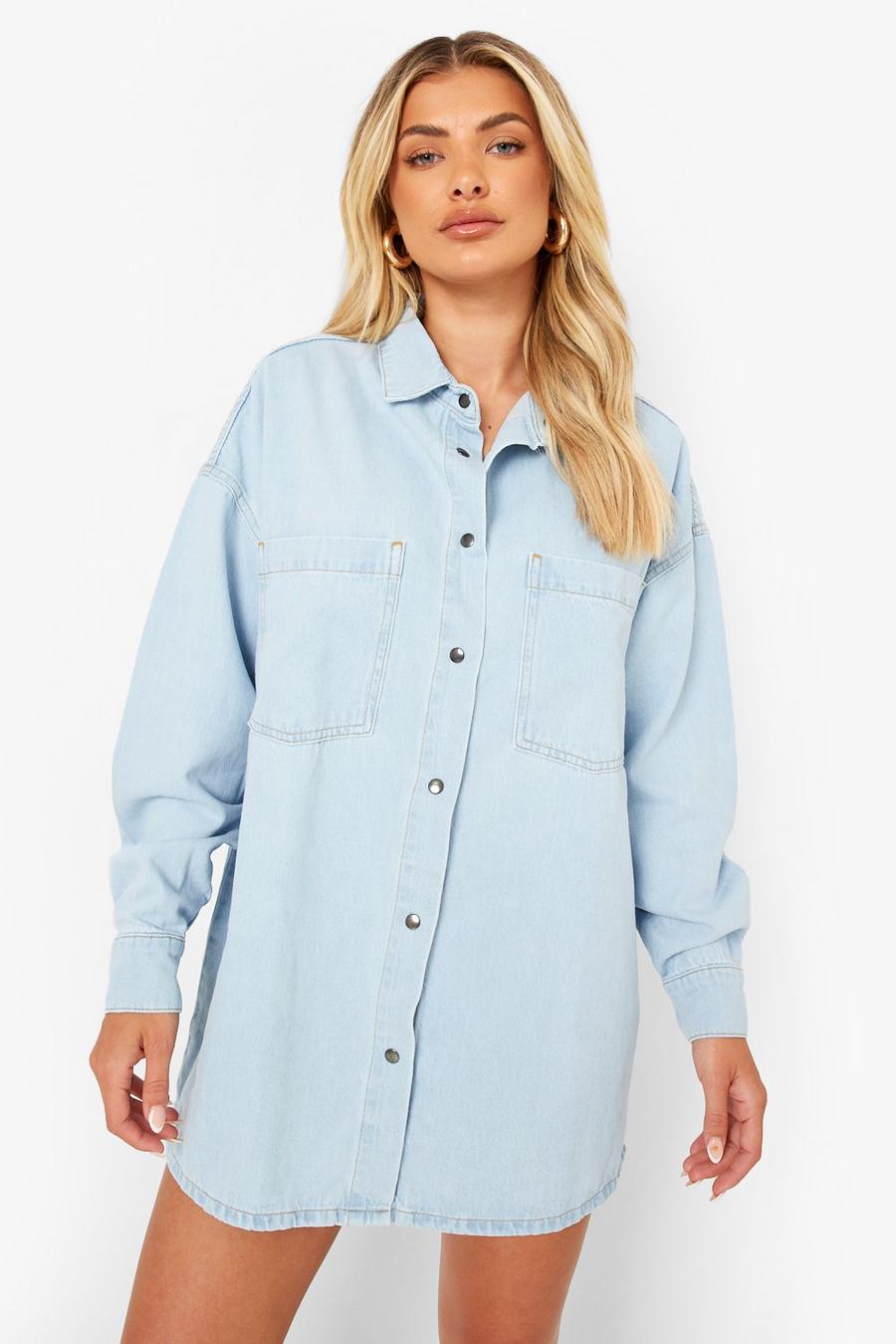 Vestito camicia oversize in denim con bottoni, Azzurro chiaro image number 1