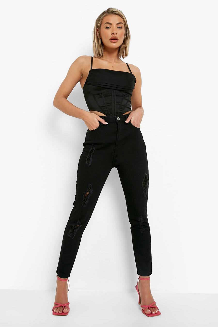 Super zerrissene Skinny Jeans mit hohem Bund , Black schwarz