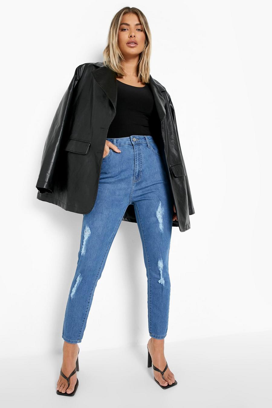 Mid blue High Waisted Super Distressed Skinny Jeans image number 1