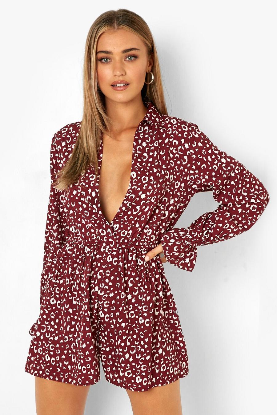 Berry Animal Print Frill Cuff Shirt Playsuit image number 1