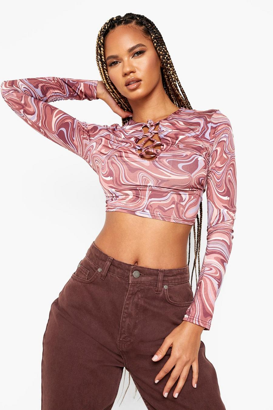 Purple Marble Print Lace Up Crop Top image number 1