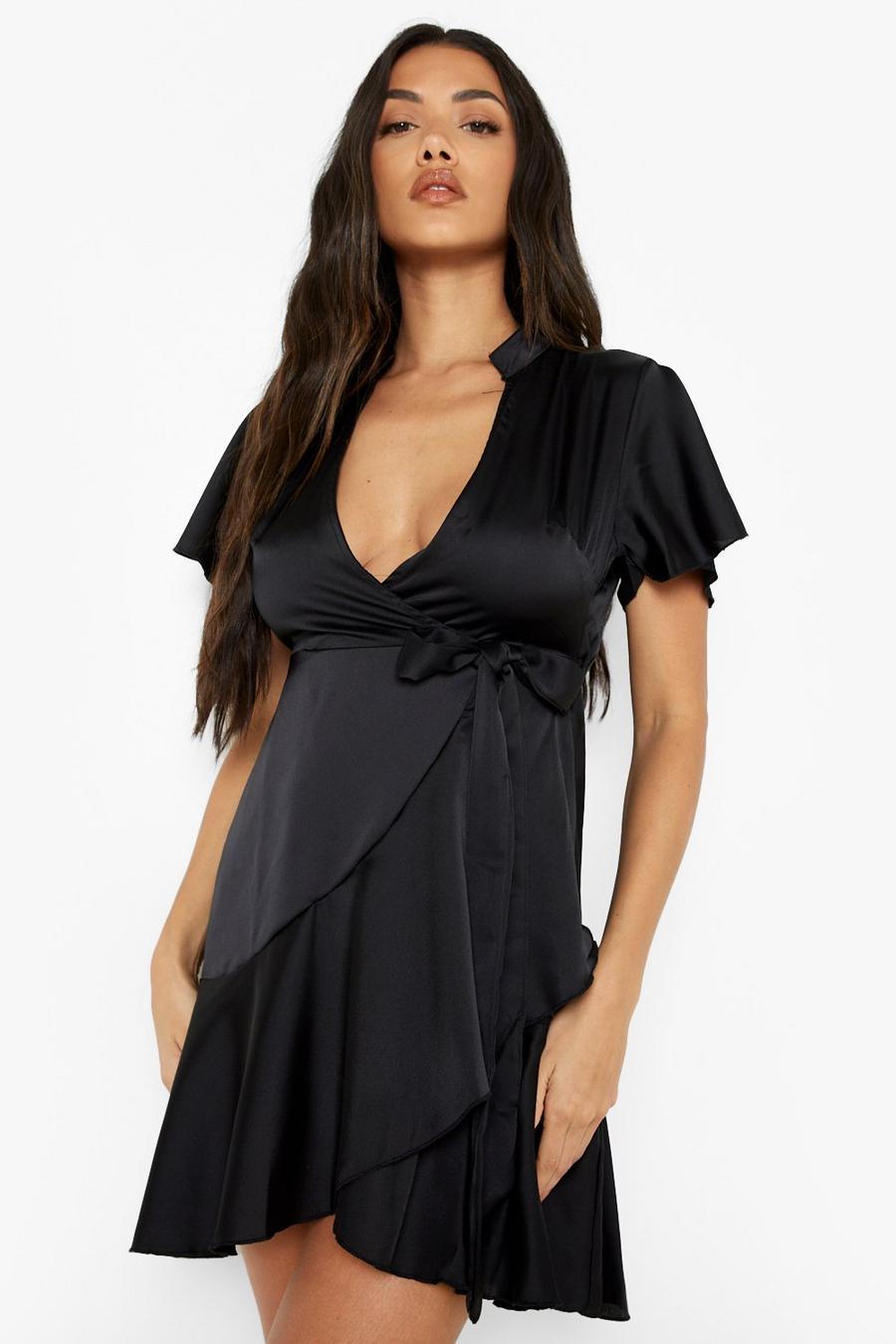 Black Satin Wrap Ruffle Skater Dress image number 1