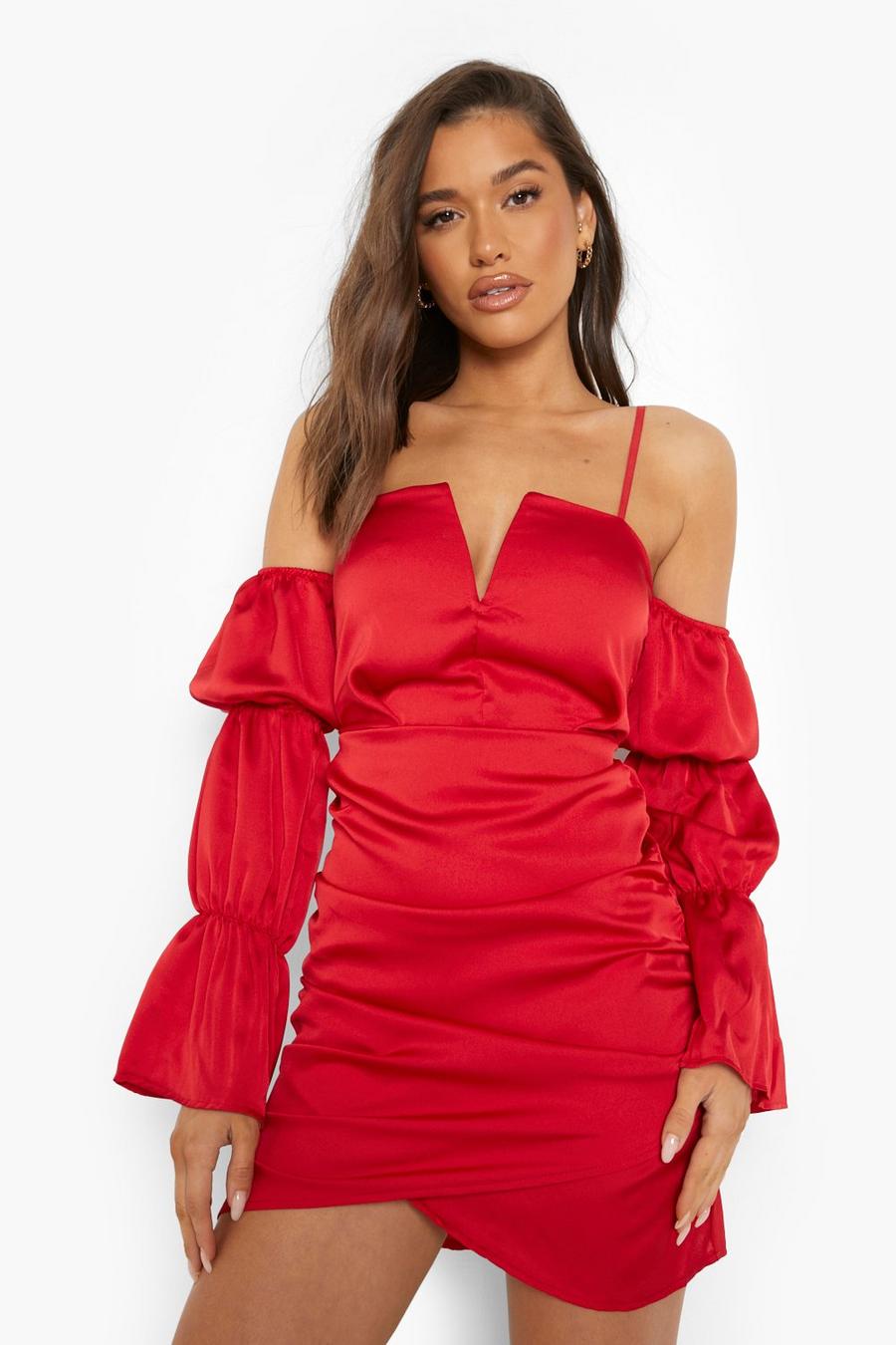 Red Satin Off The Shoulder Wrap Mini Dress image number 1