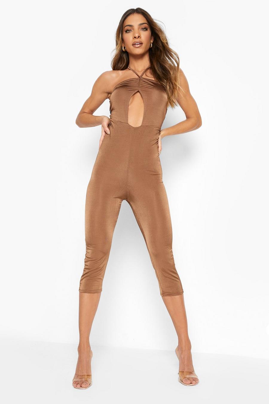 Chocolate Slinky Ruched Detail Unitard image number 1