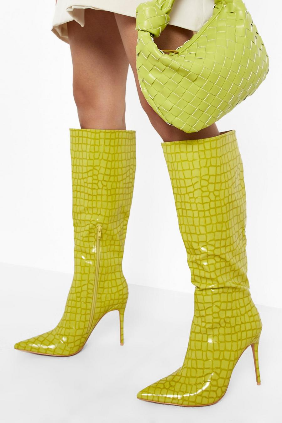 Acid lime yellow Croc Knee High Pointed Stiletto Heel Boots