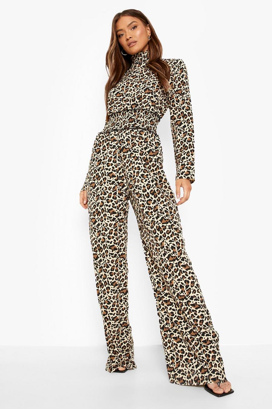 Brown Leopard Shirred Wide Leg Jumpsuit