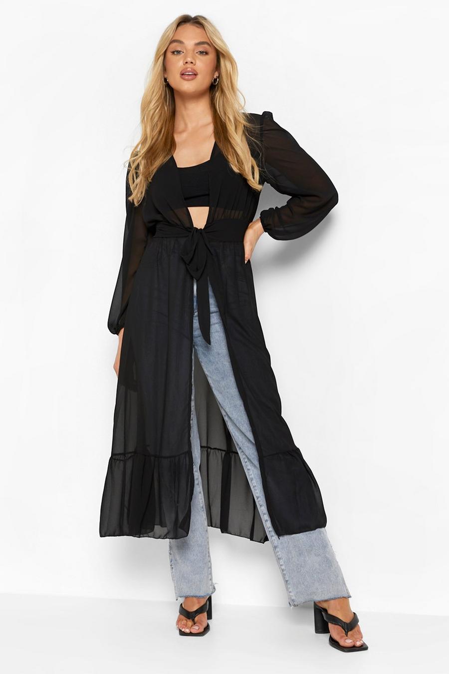 Black Tiered Panel Maxi Belted Kimono image number 1