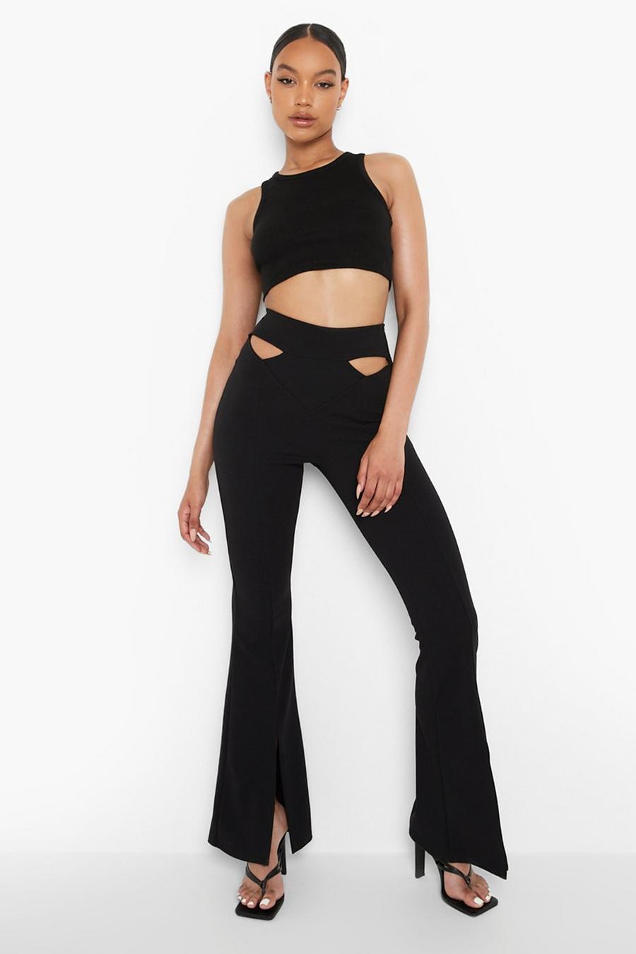 Black Cut Out Waist Detail Crepe Flared Trousers image number 1