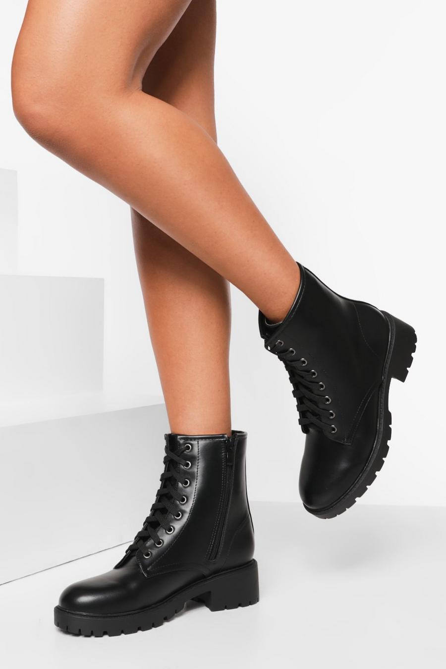 Black Lace Up Pu Combat Boots image number 1