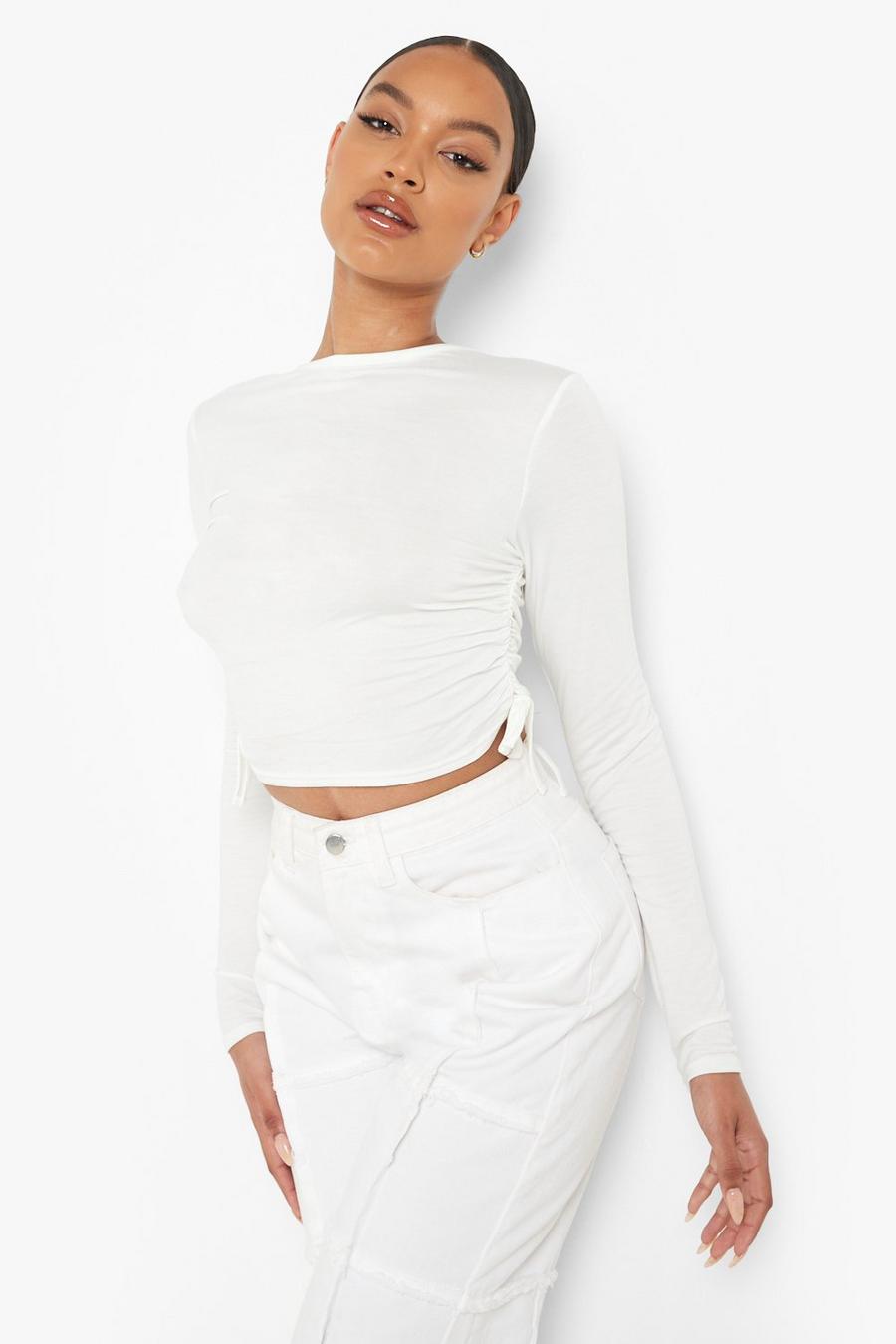 Ivory Ruched Detail Long Sleeve Crop Top image number 1