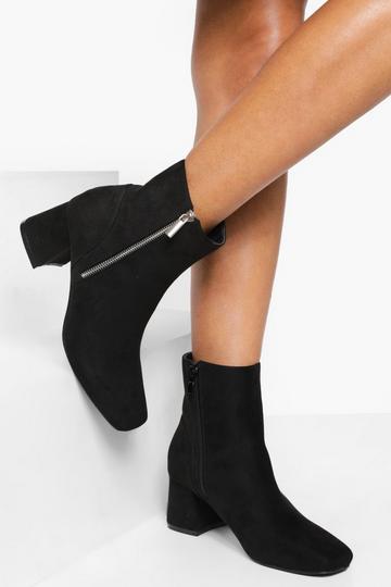 Black Faux Suede Side Zip Low Block Heel Boots