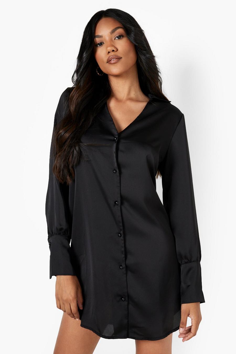 Black Satin Plunge Shirt Dress image number 1