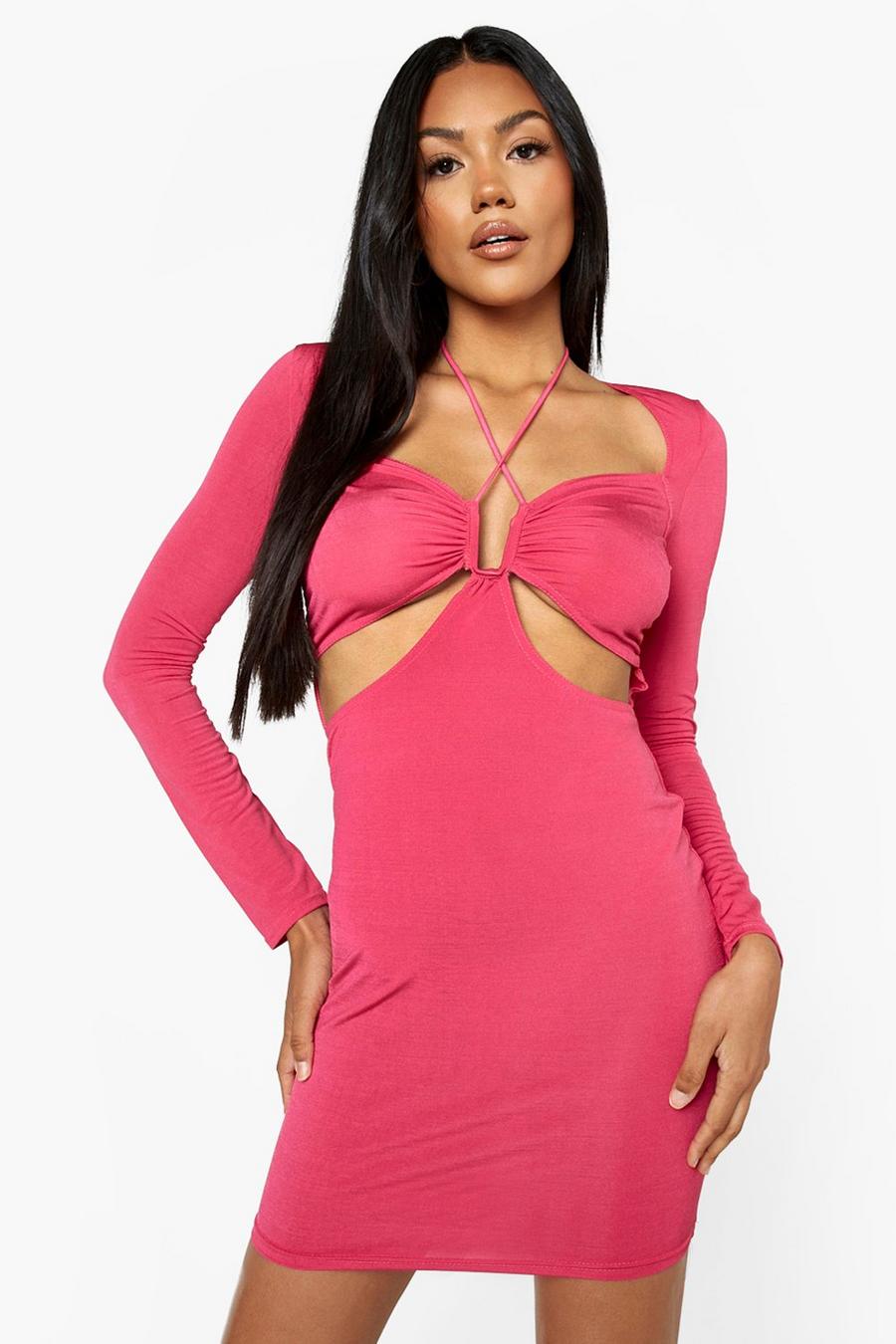 Hot pink Disco Slinky Plunge Long Sleeve Mini Dress image number 1