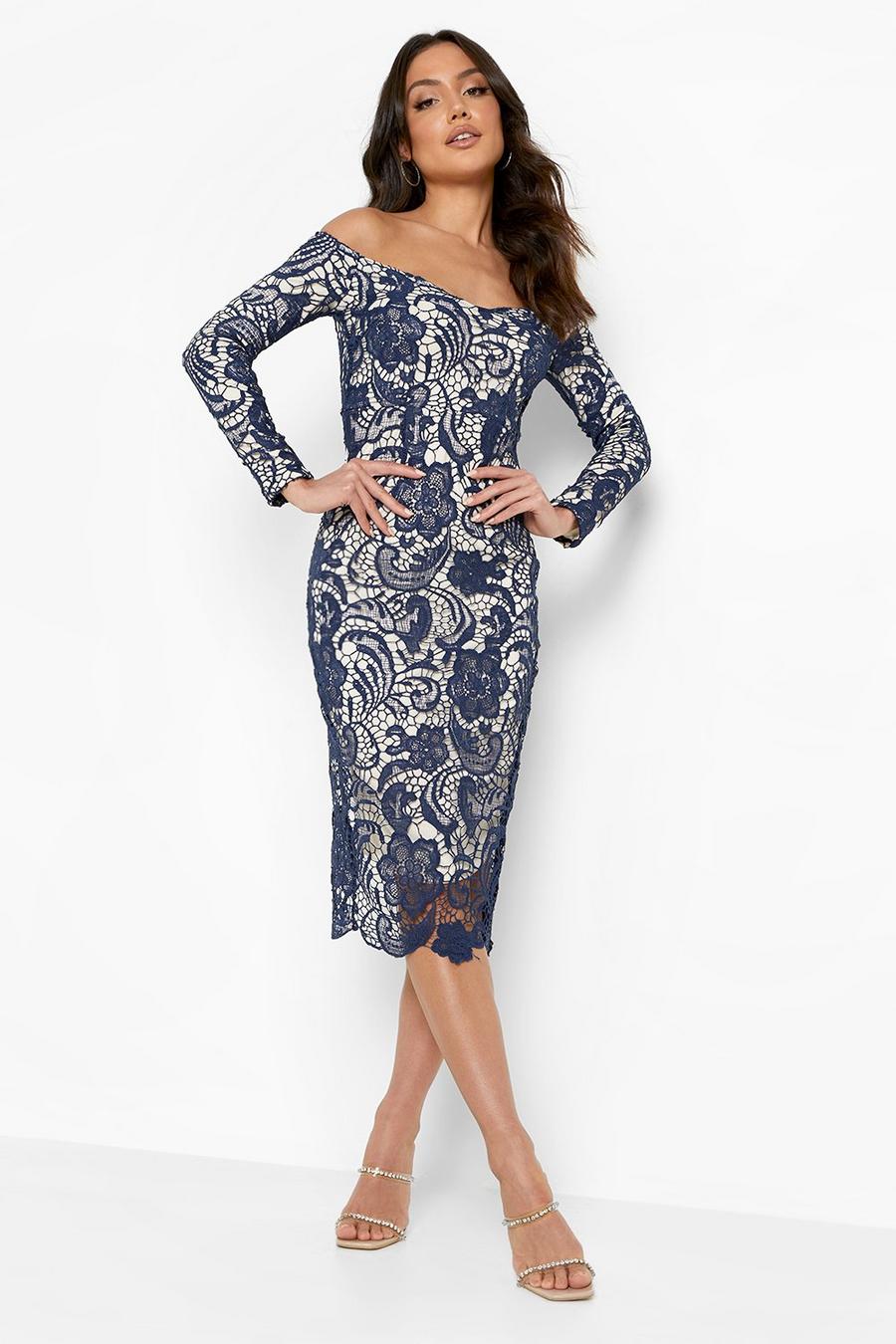 Navy Lace Sweetheart Off The Shoulder Midi Dress image number 1