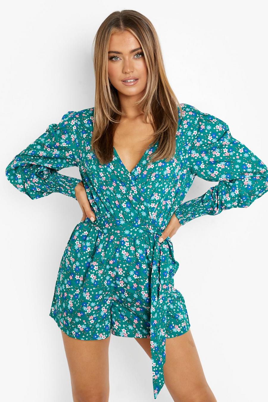 Green Shirred Cuff Belted Wrap Playsuit image number 1