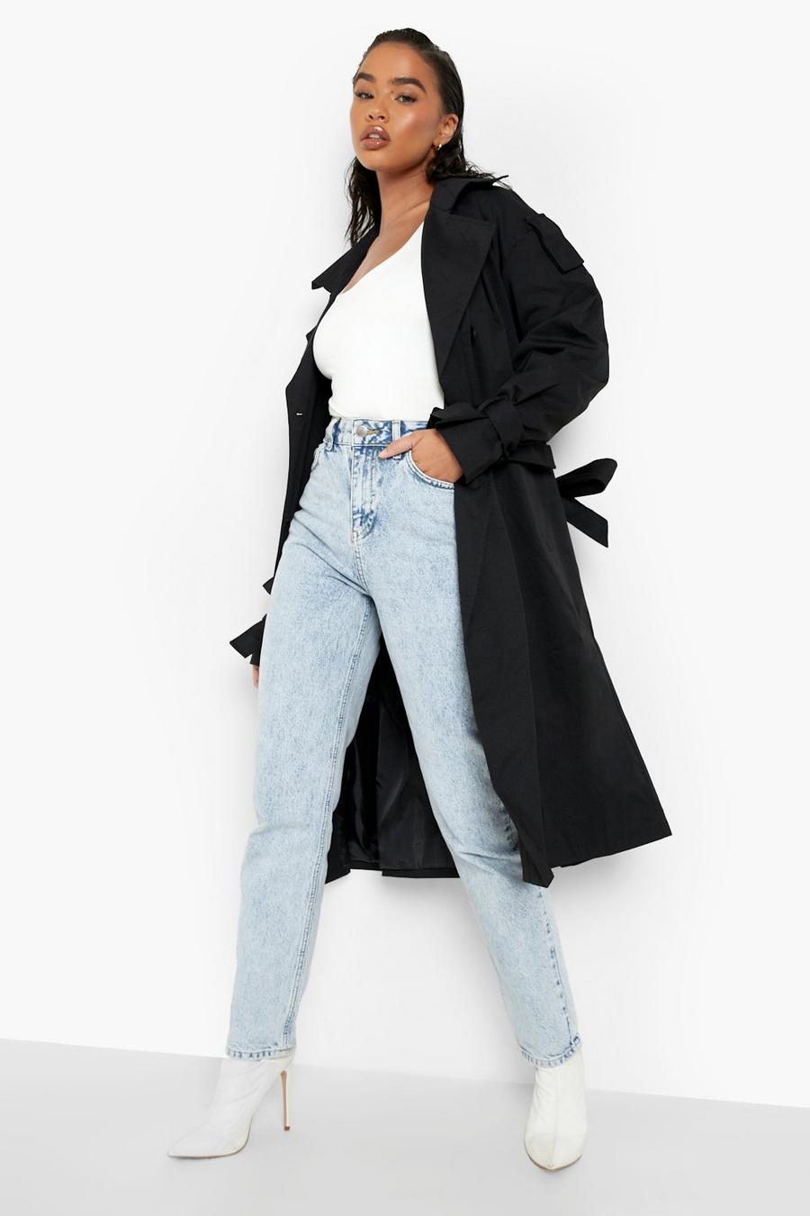 Black schwarz Tie Cuff Double Breasted Trench Coat