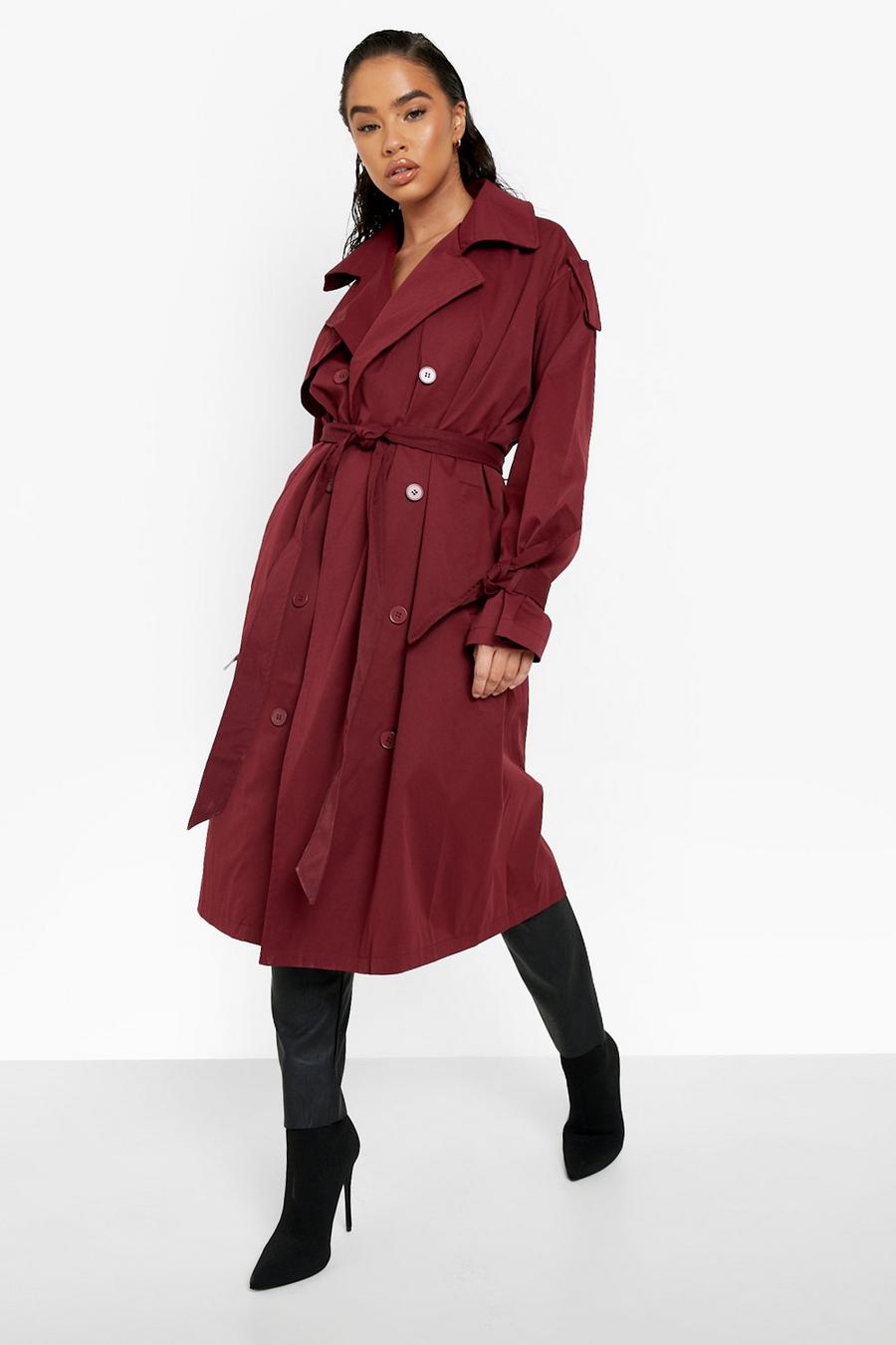 Wine rot Tie Cuff Double Breasted Trench Coat