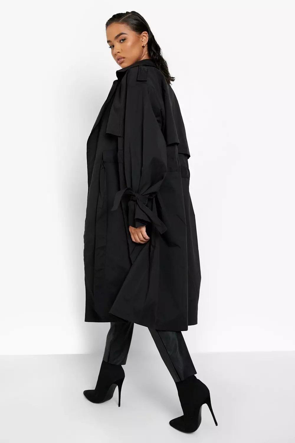 Ri studio black check tie waist longline coat shop