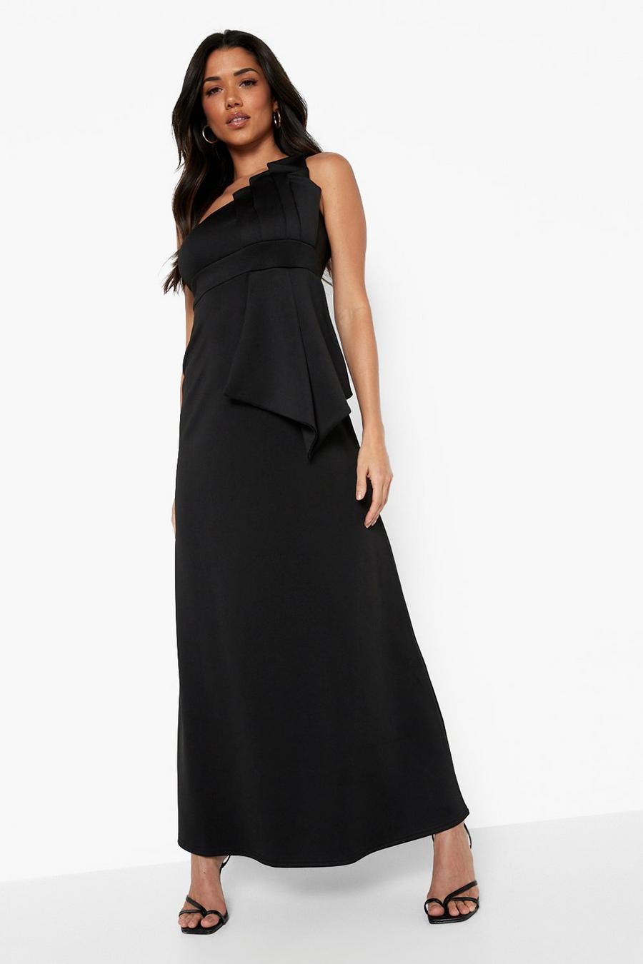 Black One Shoulder Pleated Detail Maxi Dress image number 1