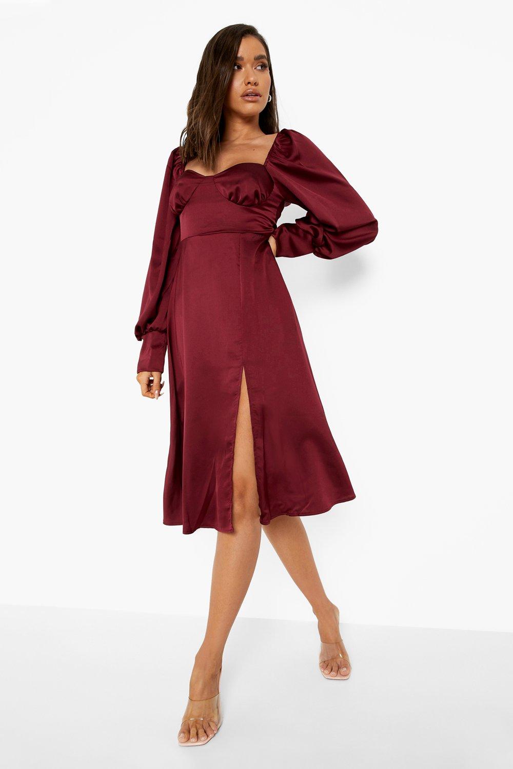 SATIN EFFECT MIDI DRESS - Raspberry