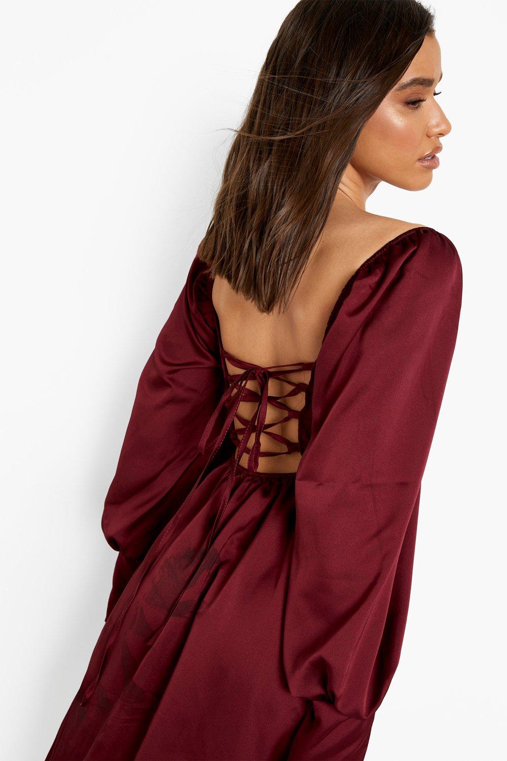 Satin Lace Up Back Split Midi Dress