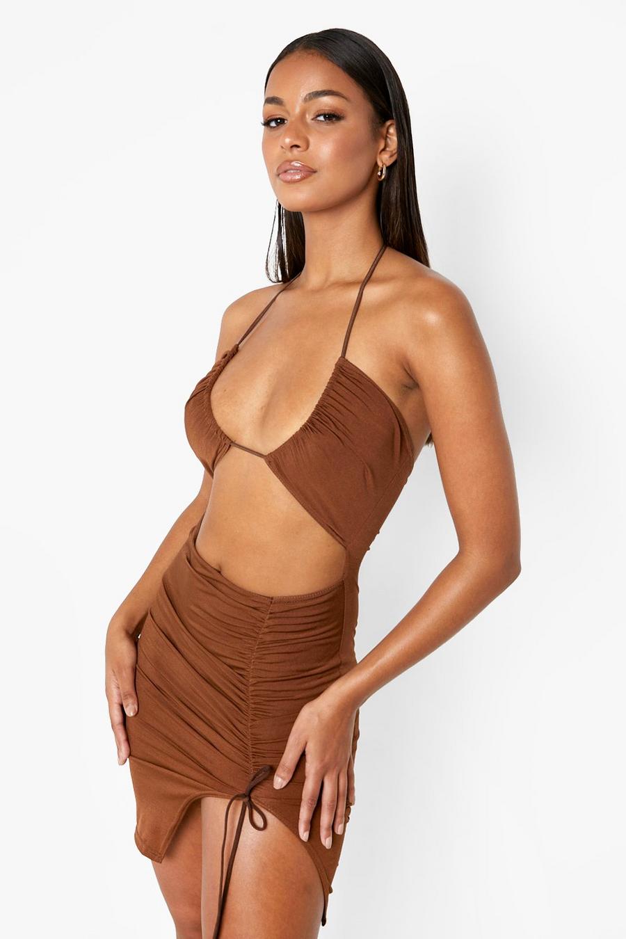 Chocolate Disco Slinky Strappy Ruched Mini Dress image number 1