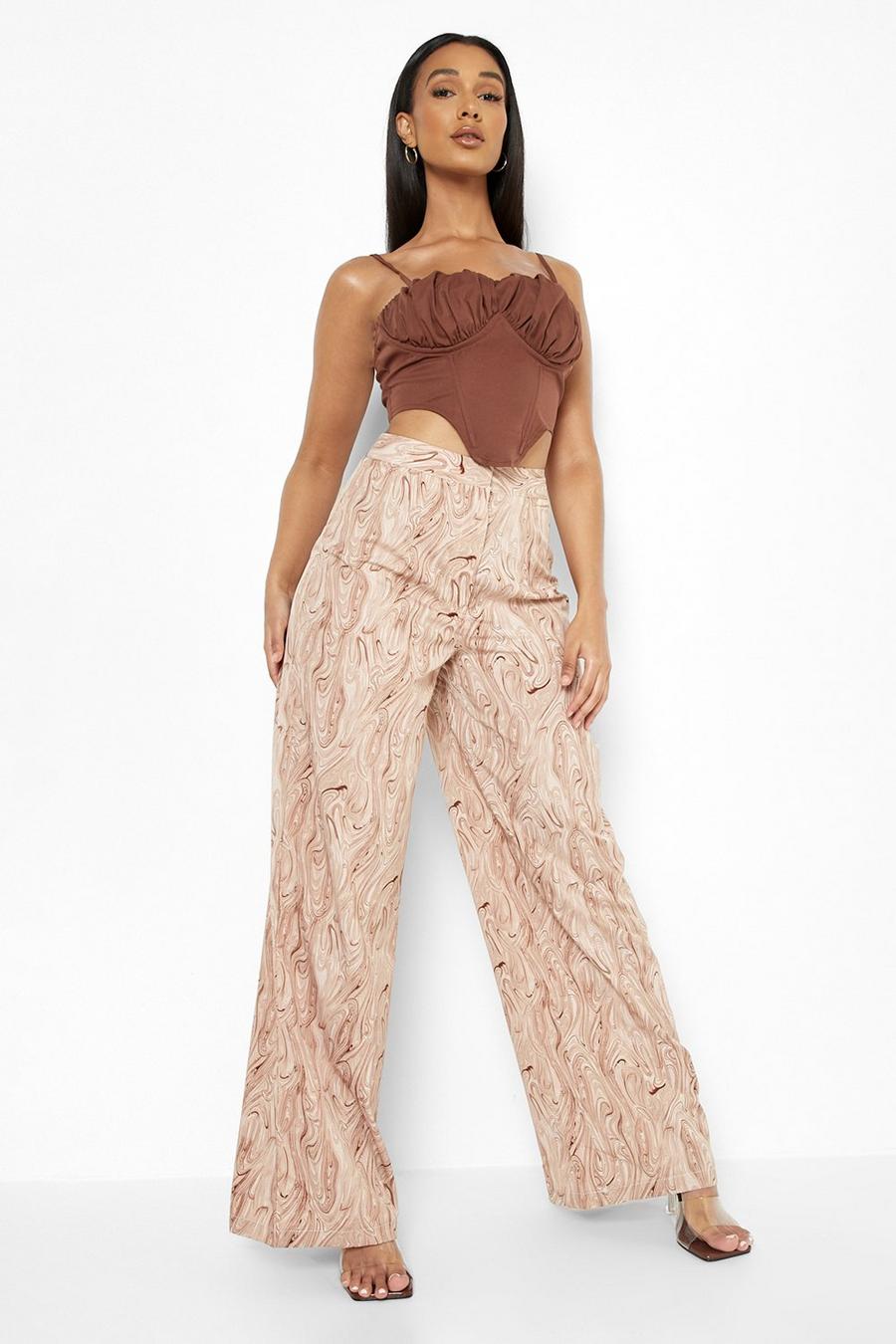 Beige Abstract Swirl Print Wide Leg Woven Pants image number 1