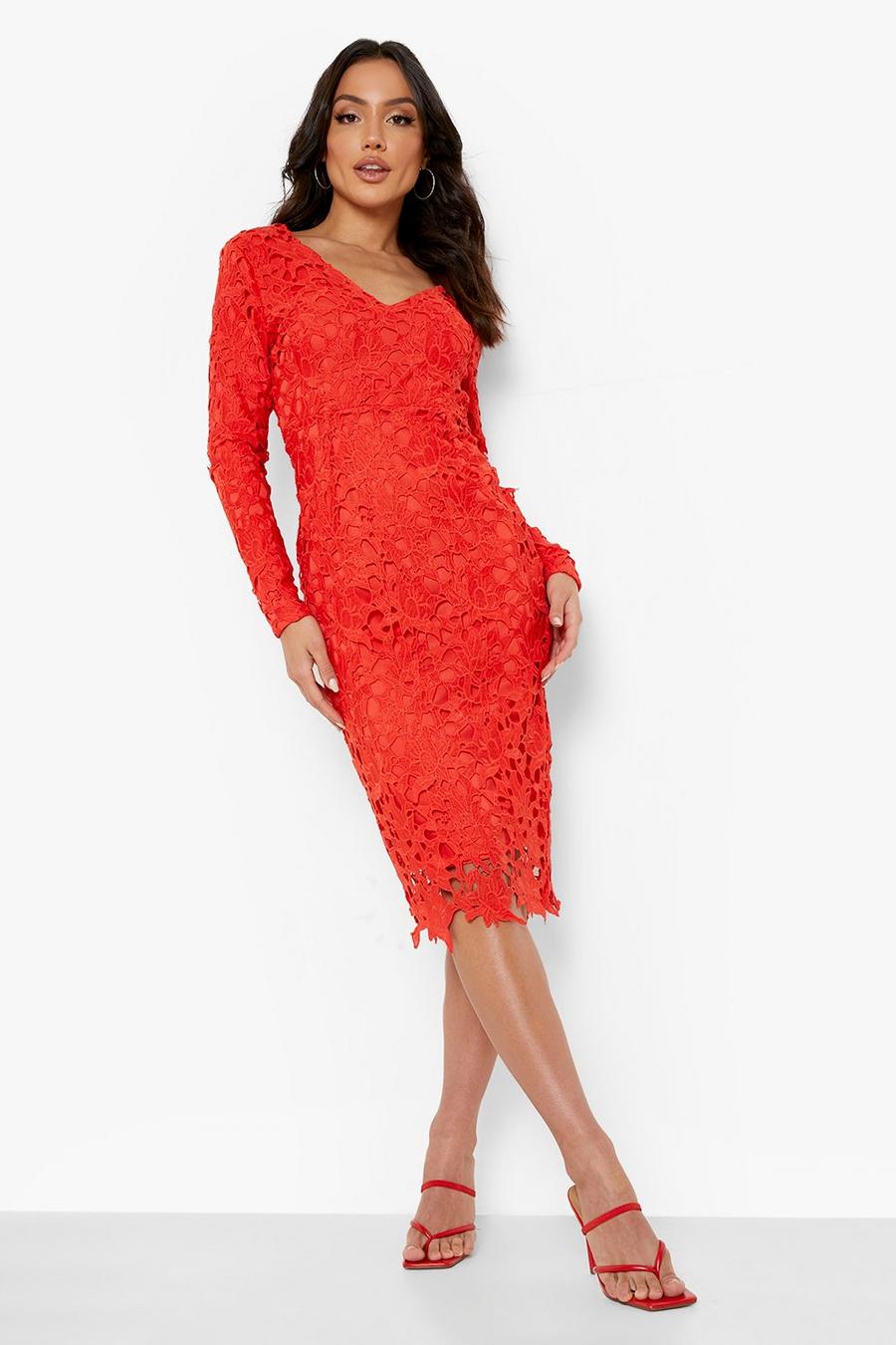 Red Long Sleeve Plunge Midi Dress image number 1