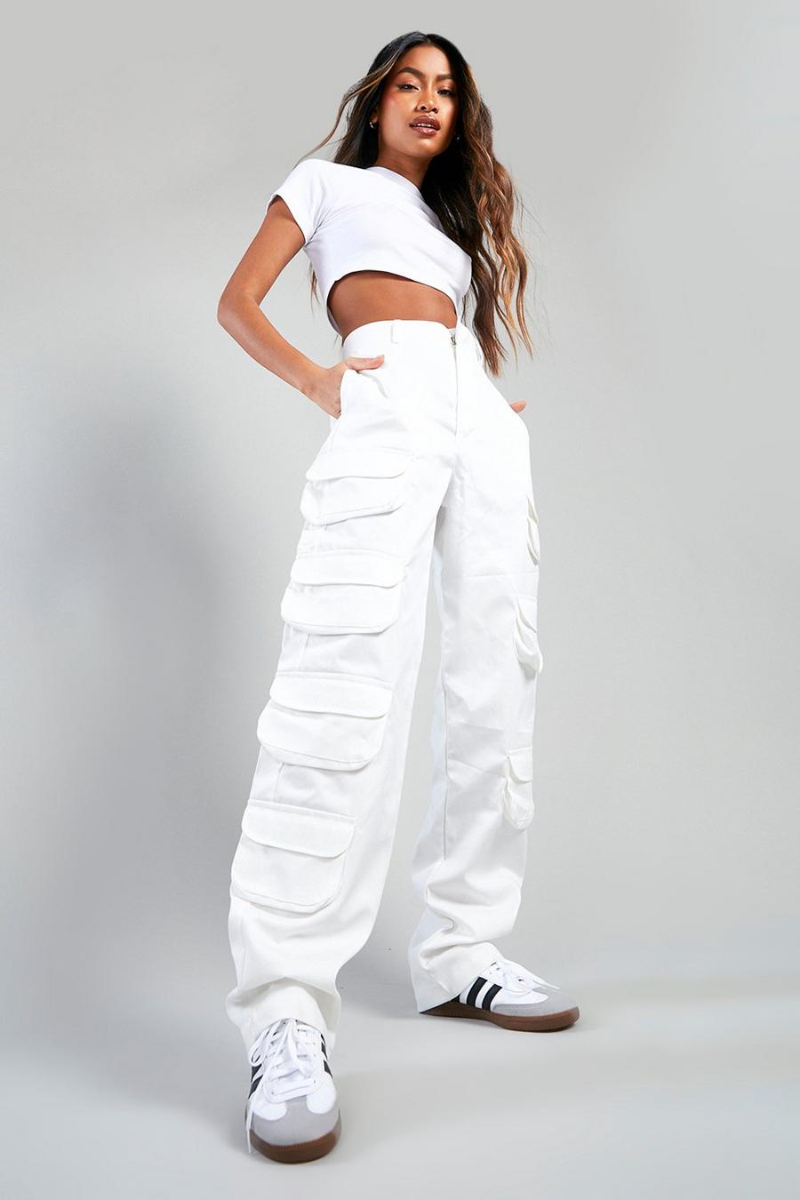 Pantalon cargo droit à poches multiples, Cream white