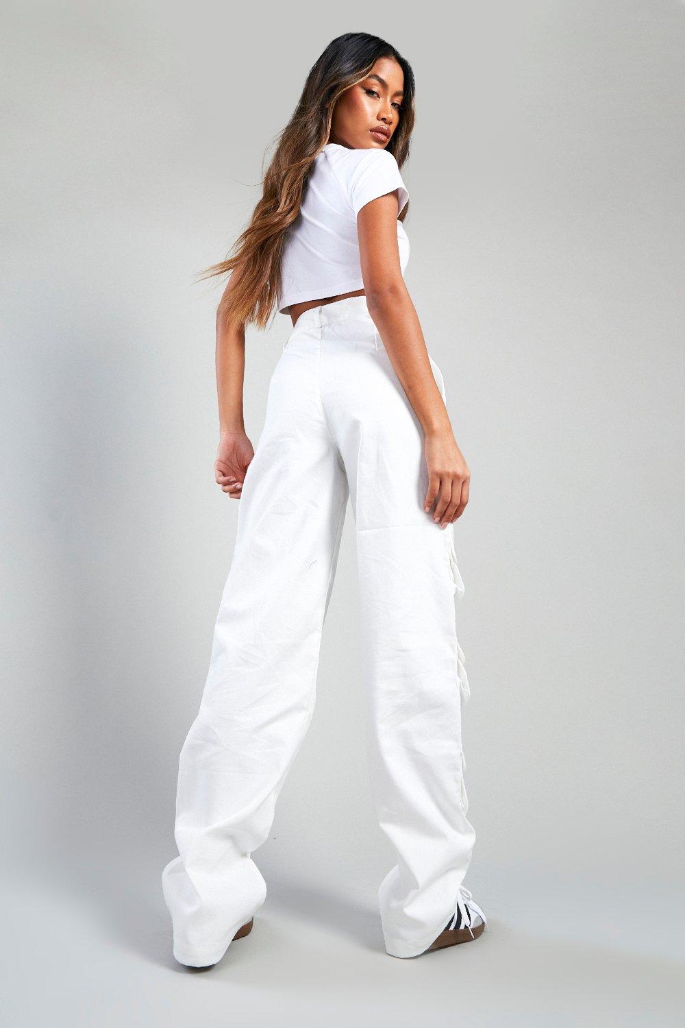 QIPOPIQ Pants for Women Wide Leg Street Pocket Elastic Low Waist Sports  Cargo Pants Trousers Clearance White M