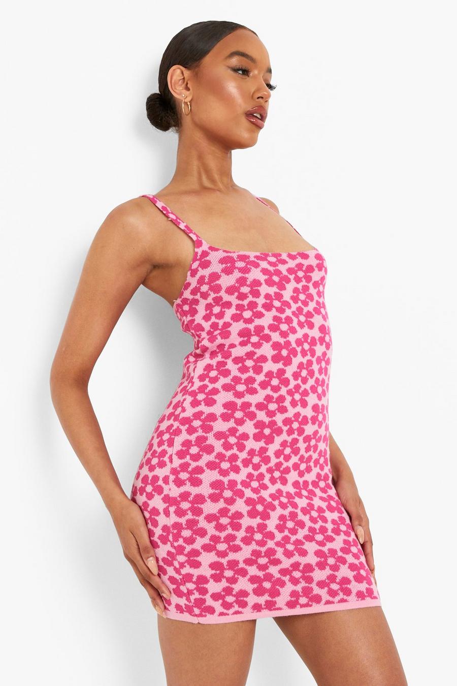 Pink Floral Print Knitted Mini Dress image number 1