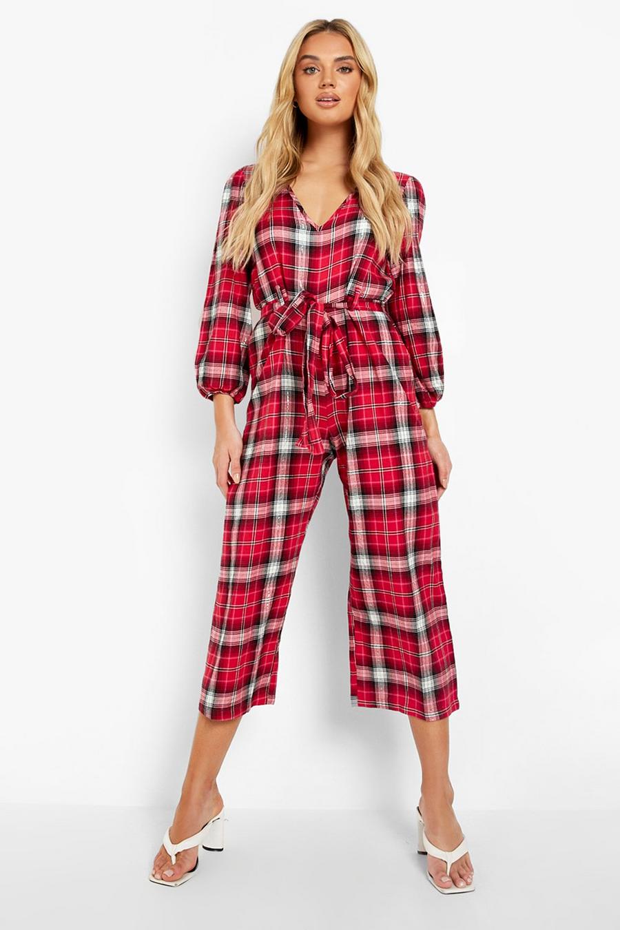Red Check Puff Sleeve Culotte Jumpsuit image number 1