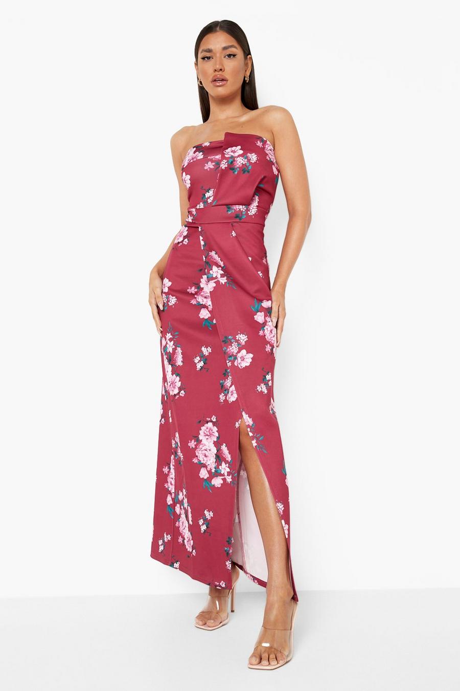 Berry Floral Bandeau Wrap Detail Split Maxi Dress image number 1