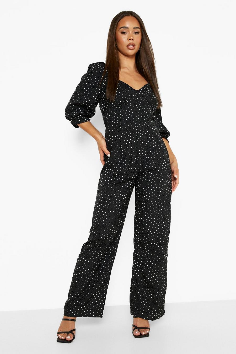 Black Polka Dot Puff Sleeve Wide Leg Jumpsuit image number 1